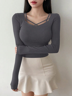 Women's Solid Color Simple Daily Crossed Strap Long Sleeve T-Shirt