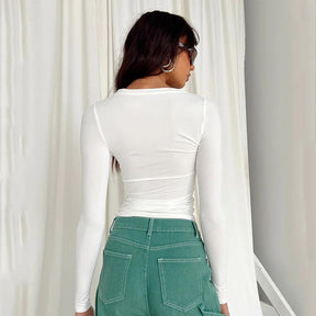 Women Plain Crew Neck Long Sleeve Ruched Fitted Slim Fit T-Shirt