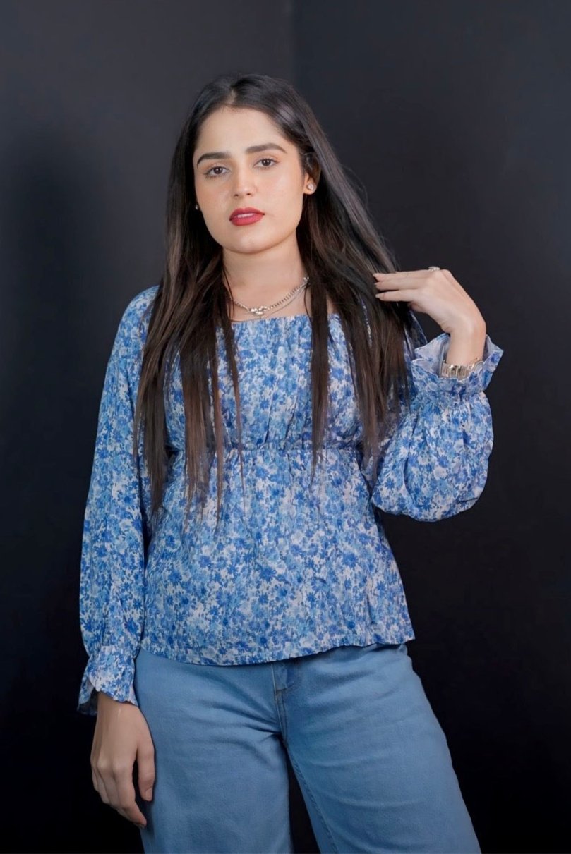 WOMEN DITSY FLORAL BACK BOW SQUARE  NECK FULL SLEEVES TOP