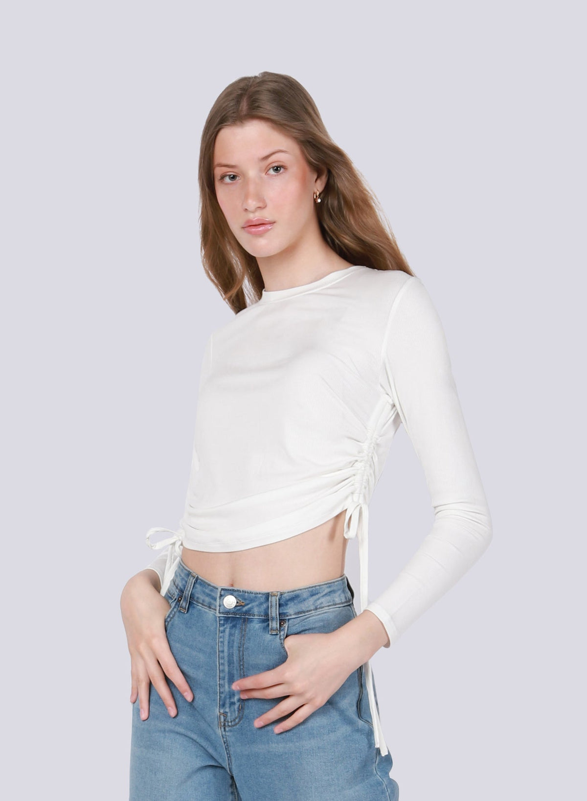 DRAWSTRING RUCHED SOLID FULL SLEEVE TEE