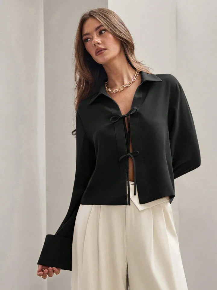 Women's Plain Tie Long Sleeve  Casual Work Shirt