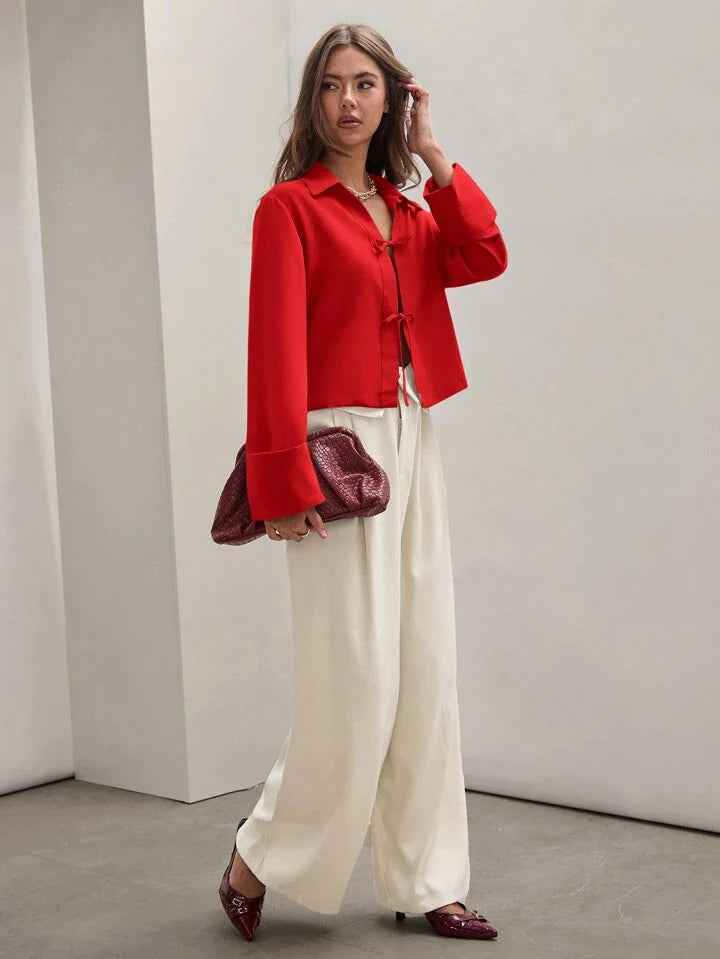 Women's Plain Tie Long Sleeve  Casual Work Shirt