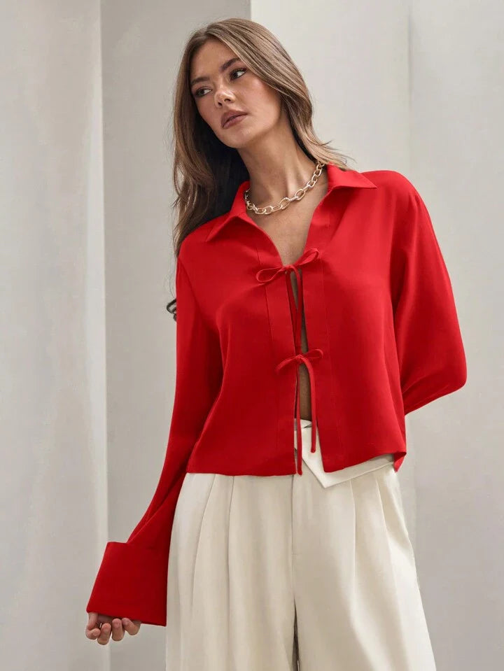 Women's Plain Tie Long Sleeve  Casual Work Shirt
