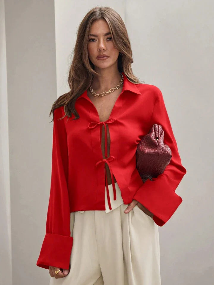 Women's Plain Tie Long Sleeve  Casual Work Shirt