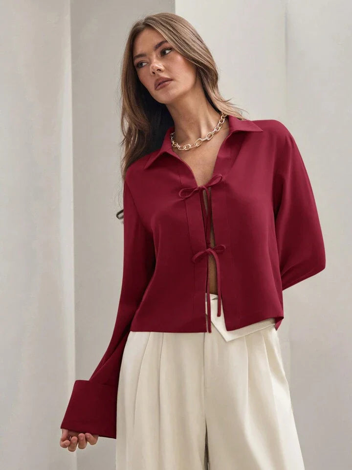 Women's Plain Tie Long Sleeve  Casual Work Shirt