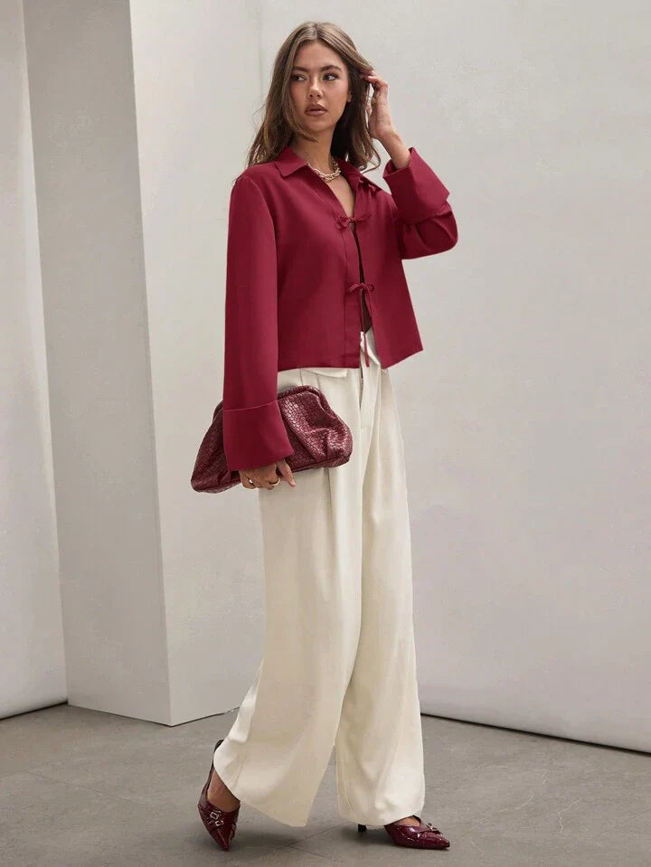 Women's Plain Tie Long Sleeve  Casual Work Shirt