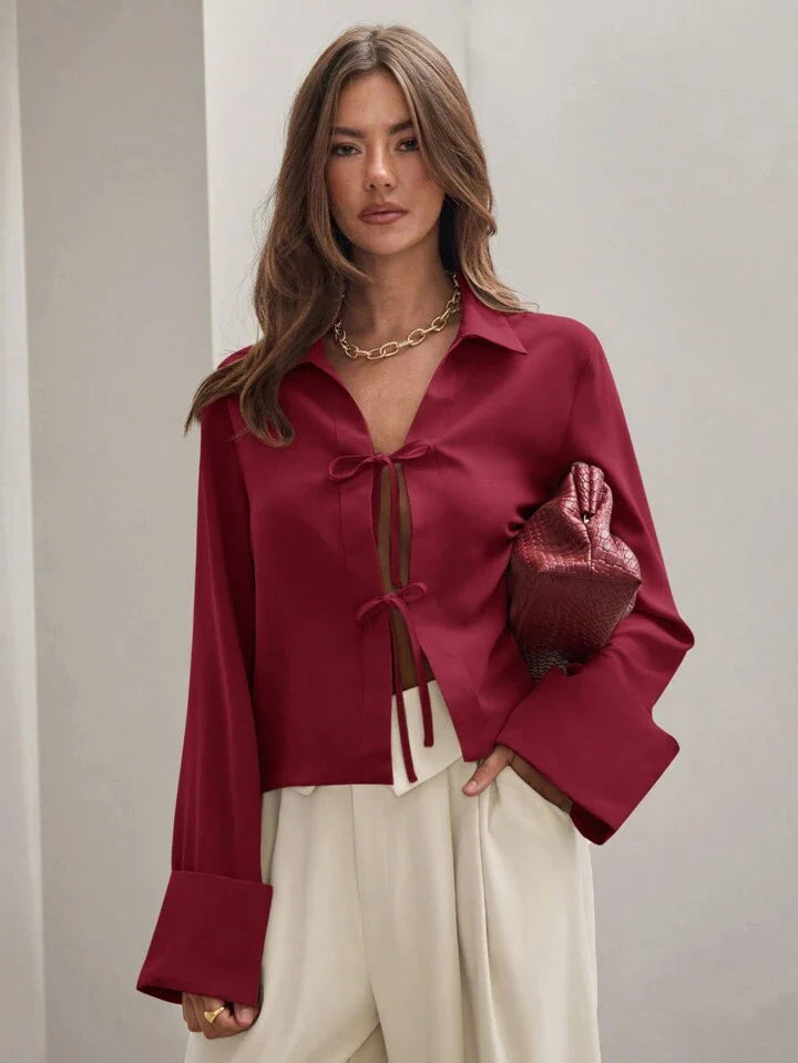 Women's Plain Tie Long Sleeve  Casual Work Shirt