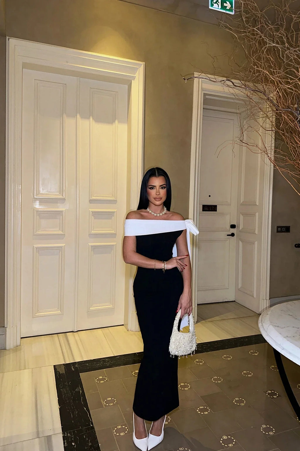 SUMMER COMMUTE PLAIN COLOUR  ELEGANT OFF-SHOULDER LARGE BOW MIDI DRESS