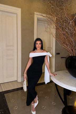 SUMMER COMMUTE PLAIN COLOUR  ELEGANT OFF-SHOULDER LARGE BOW MIDI DRESS