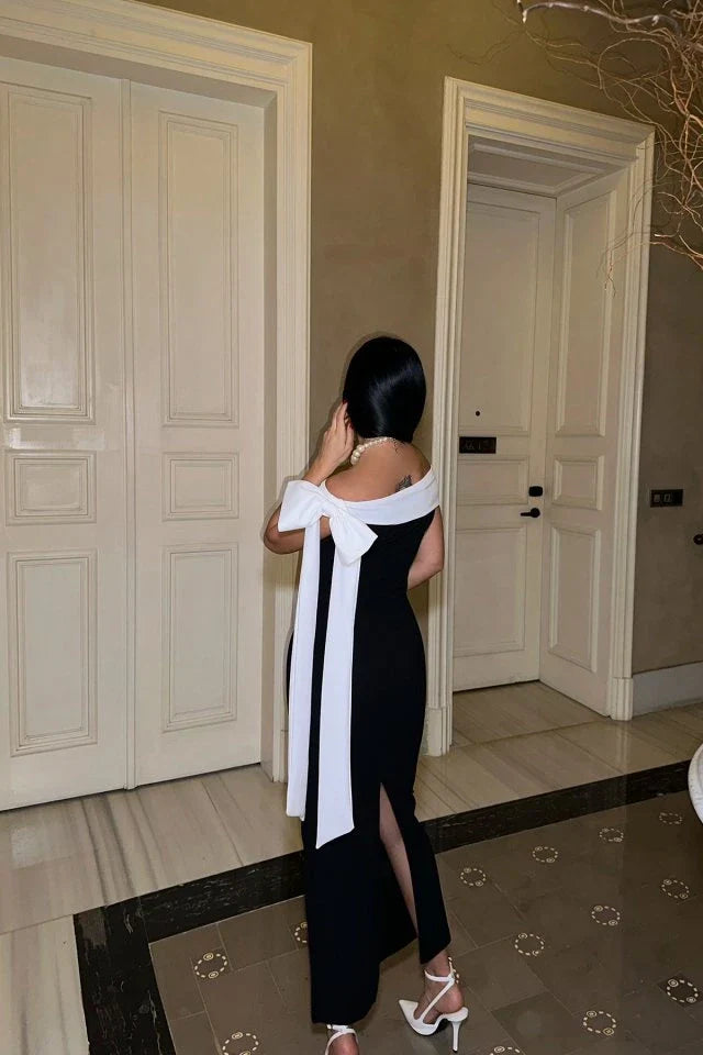 SUMMER COMMUTE PLAIN COLOUR  ELEGANT OFF-SHOULDER LARGE BOW MIDI DRESS