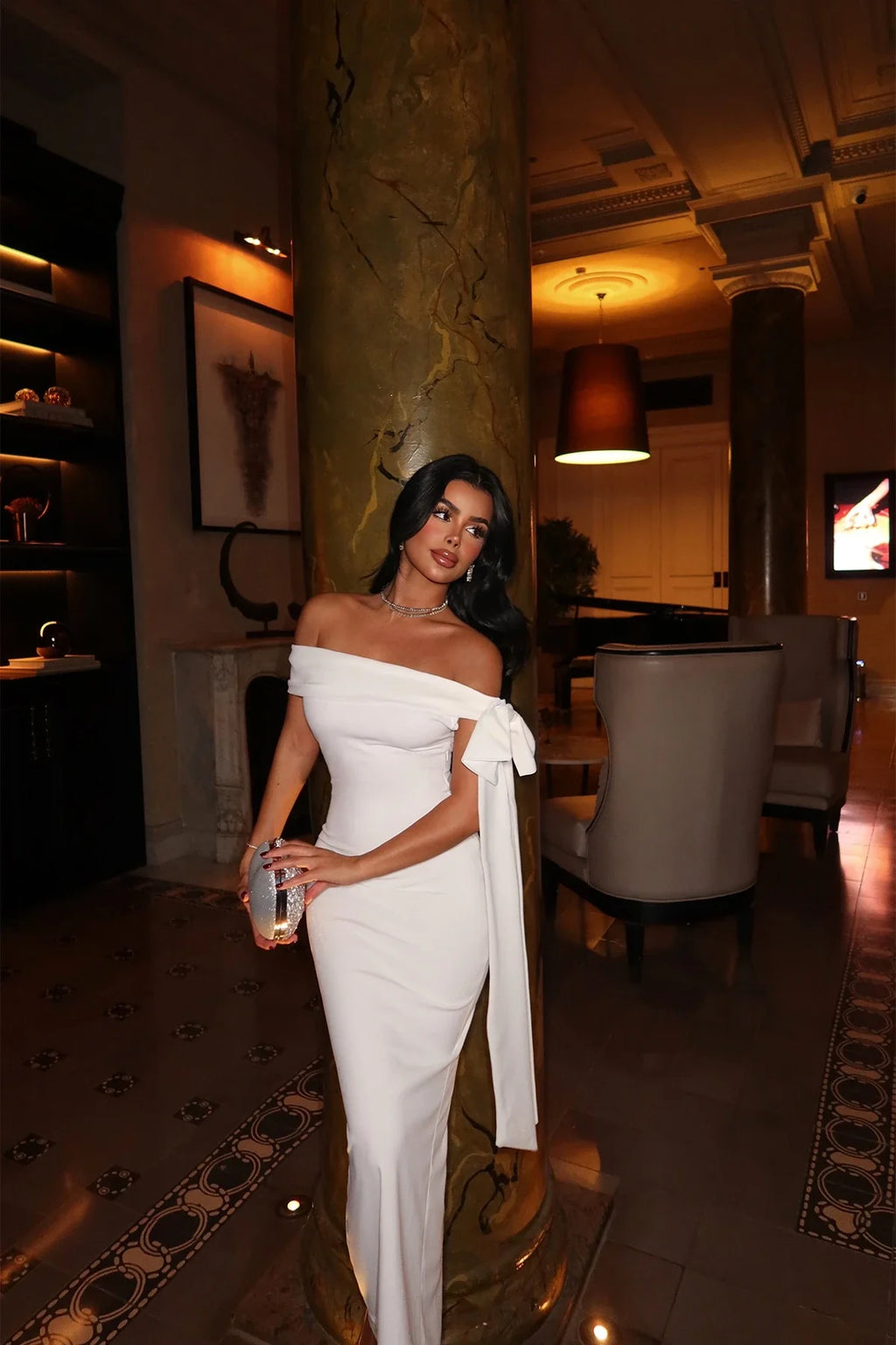 SUMMER COMMUTE PLAIN COLOUR  ELEGANT OFF-SHOULDER LARGE BOW MIDI DRESS