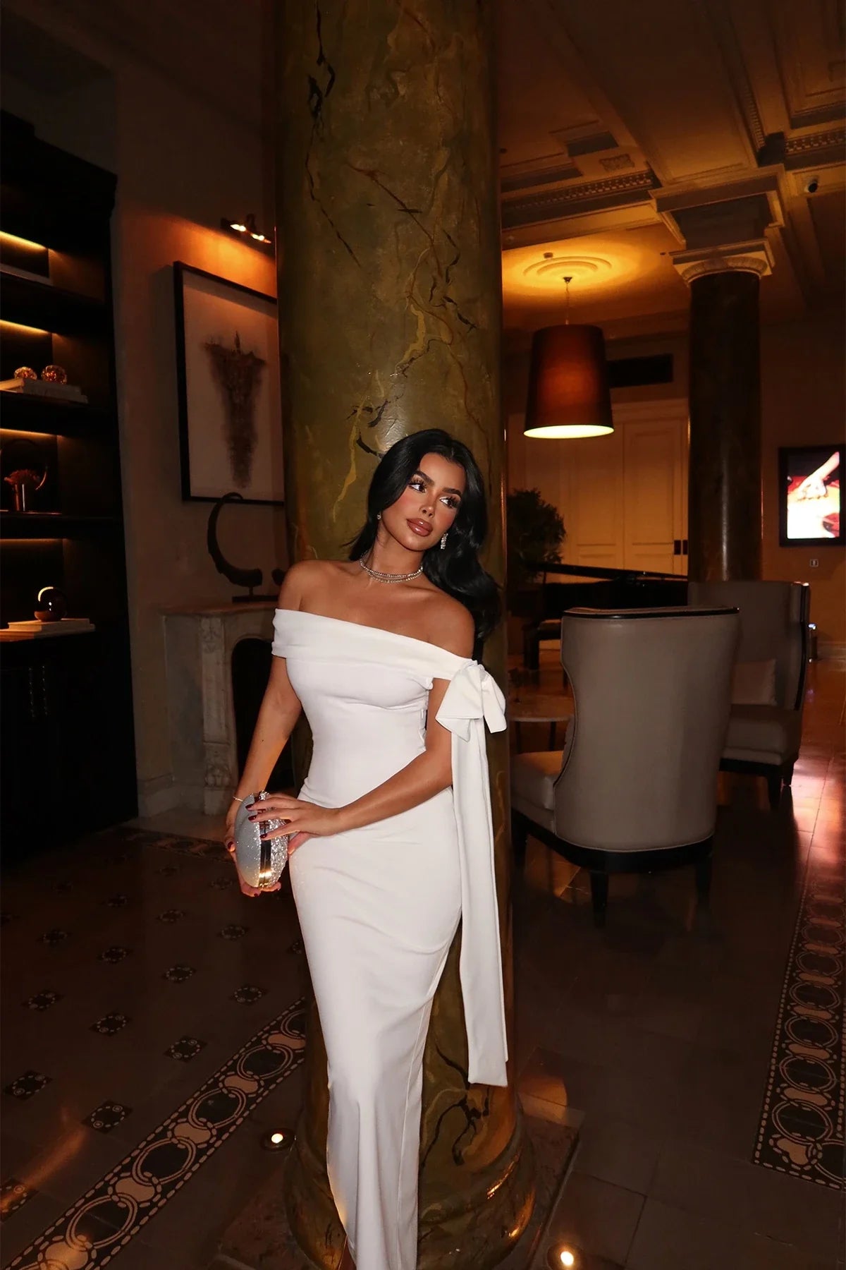 SUMMER COMMUTE PLAIN COLOUR  ELEGANT OFF-SHOULDER LARGE BOW MIDI DRESS