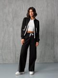 WOMEN CONTRAST PIPING ZIPPER DOUBLE POCKET TWO PIECE SET