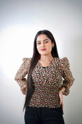 V-NECK FLORAL PRINT PUFF SLEEVES TOP