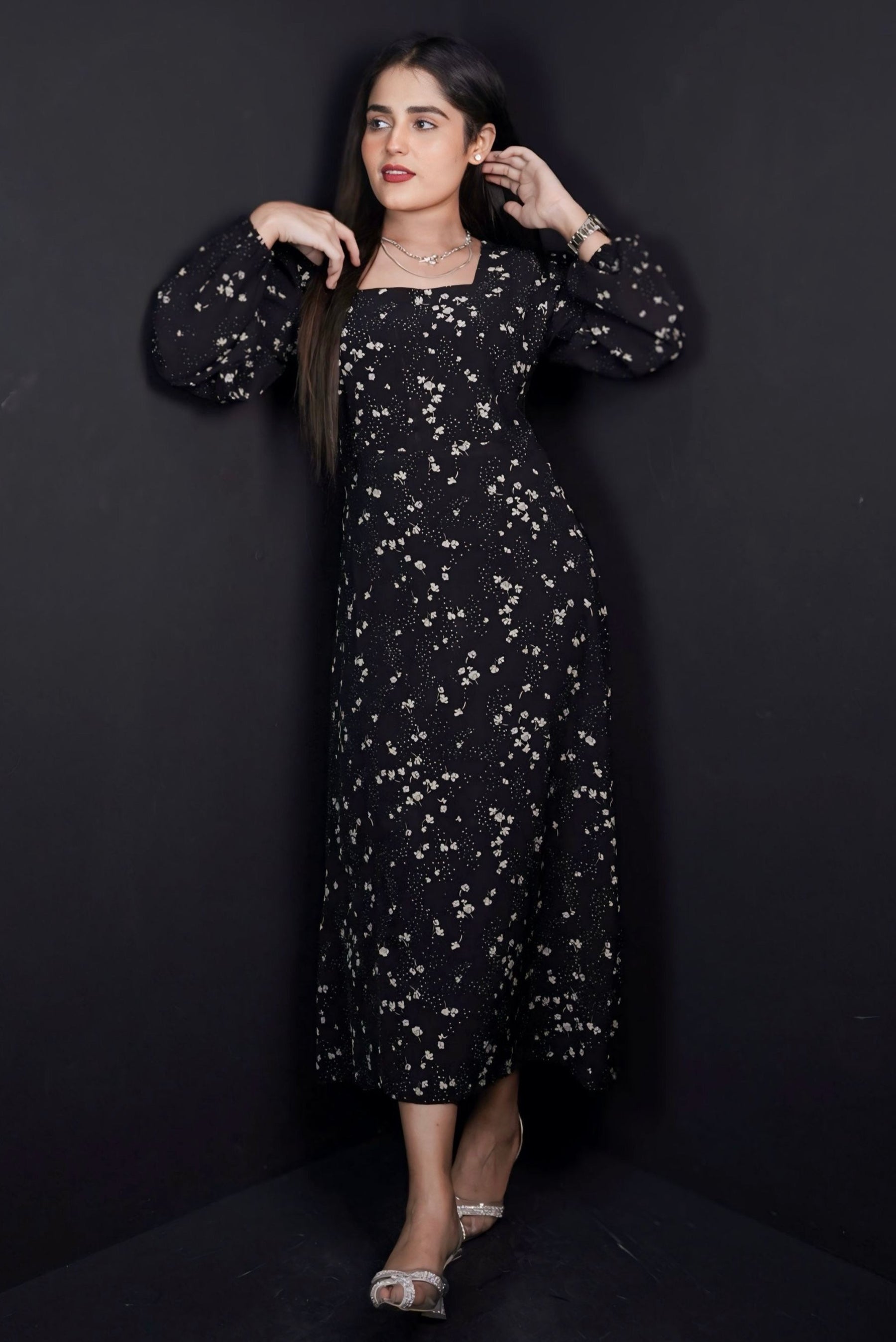 WOMEN'S ELEGANT PUFF SLEEVES CINCHED WAIST LONG DRESS WITH SMALL DITSY FLORAL