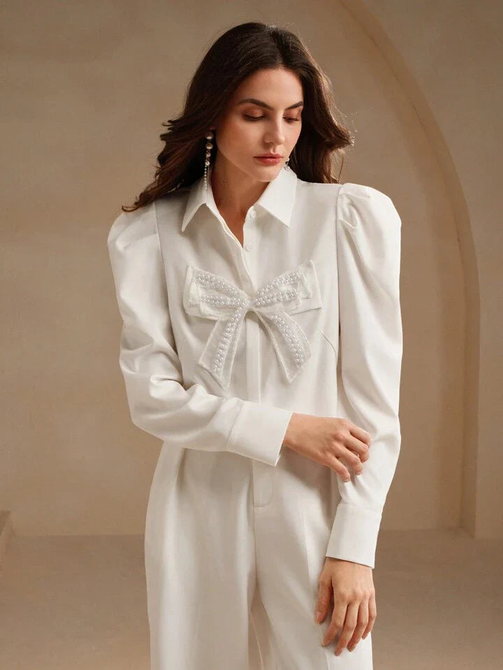 French Elegant Commute Butterfly Pearl Flower Ladies Blouse Women Shirt