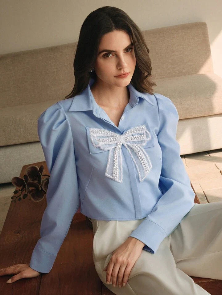 French Elegant Commute Butterfly Pearl Flower Ladies Blouse Women Shirt