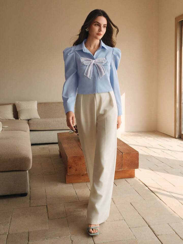French Elegant Commute Butterfly Pearl Flower Ladies Blouse Women Shirt
