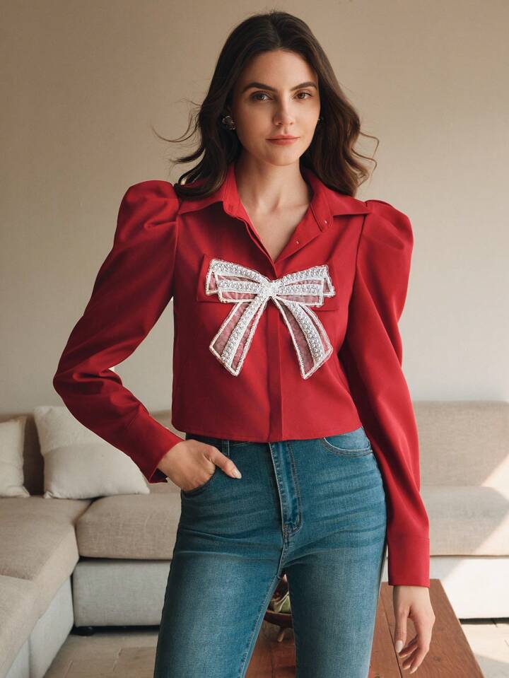 French Elegant Commute Butterfly Pearl Flower Ladies Blouse Women Shirt