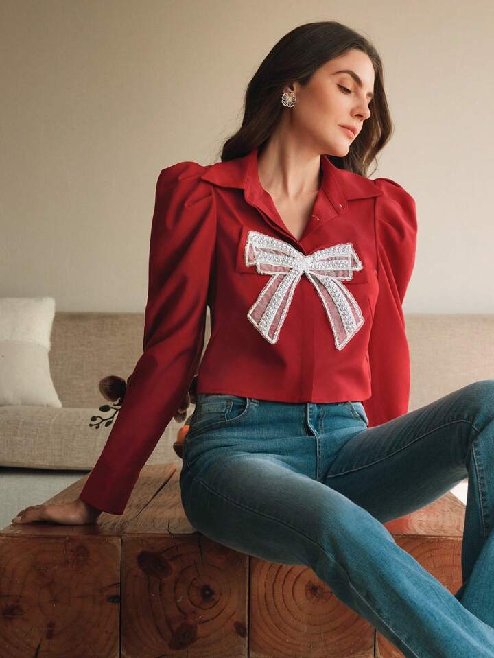 French Elegant Commute Butterfly Pearl Flower Ladies Blouse Women Shirt