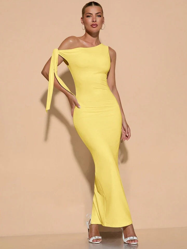 Women Solid Asymmetric Collar Sleeveless Long Dress Elegant Split Party Festival dress