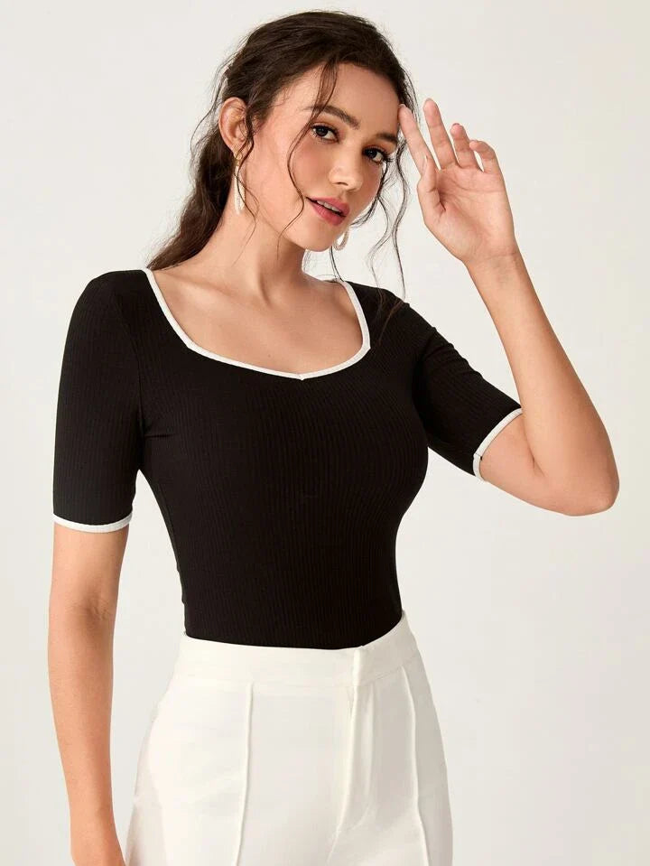 Mulvari Sweetheart Neck Ringer Tee