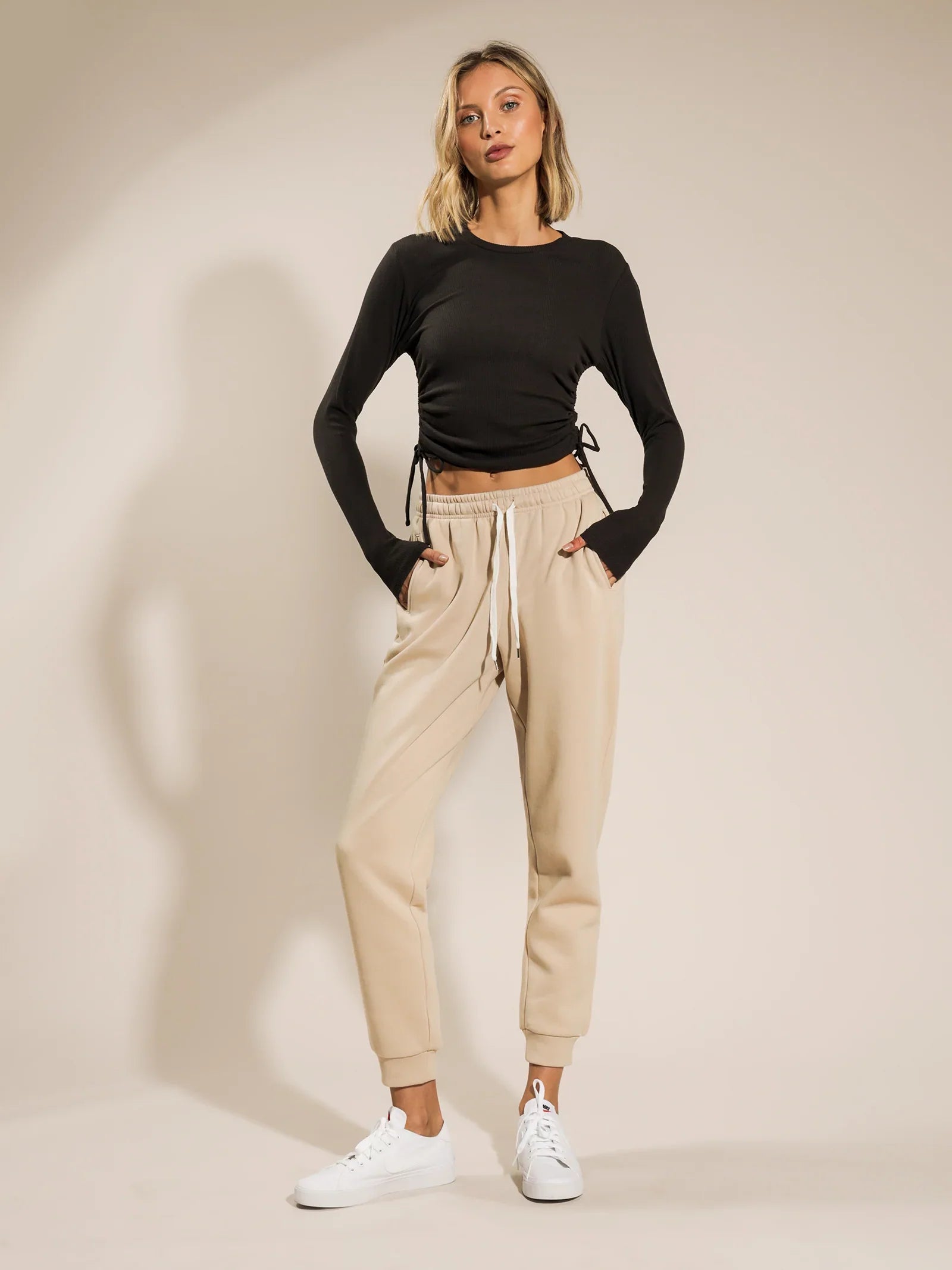 RIBBED LONG SLEEVES DRAWSTRING T-SHIRT
