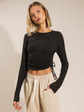 RIBBED LONG SLEEVES DRAWSTRING T-SHIRT