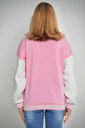 A SLOGAN LONG VERSITY BASEBALL JACKET- PINK