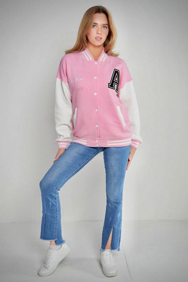 A SLOGAN LONG VERSITY BASEBALL JACKET- PINK