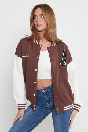 A SLOGAN LONG VERSITY BASEBALL JACKET- CHOCOLATE BROWN