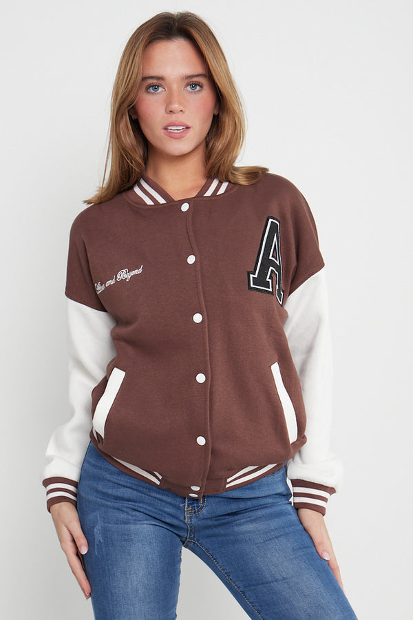 A SLOGAN LONG VERSITY BASEBALL JACKET- CHOCOLATE BROWN