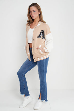 A SLOGAN LONG VERSITY BASEBALL JACKET- BEIGE