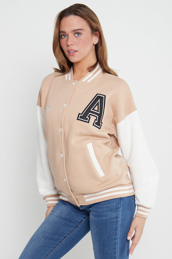 A SLOGAN LONG VERSITY BASEBALL JACKET- BEIGE