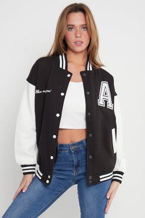 A SLOGAN LONG VERSITY BASEBALL JACKET-BLACK