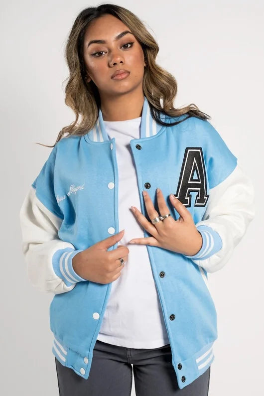 A SLOGAN LONG VERSITY BASEBALL JACKET- SKY BLUE