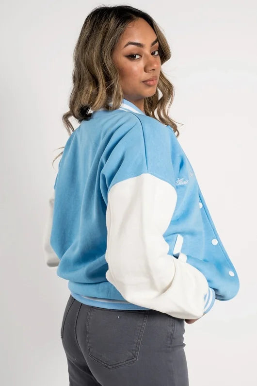 A SLOGAN LONG VERSITY BASEBALL JACKET- SKY BLUE