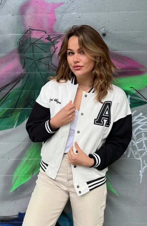 A SLOGAN LONG VERSITY BASEBALL JACKET- WHITE