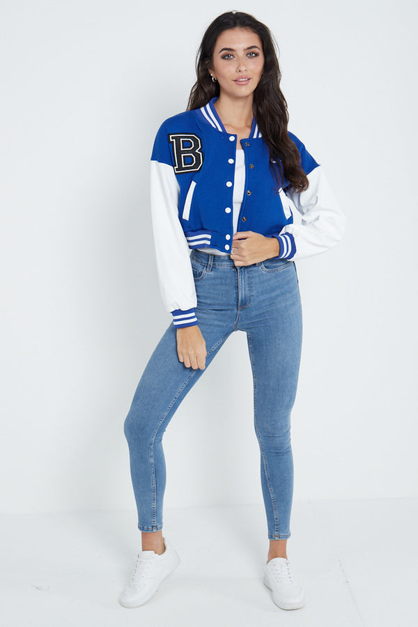 B SLOGAN CROPED VERSITY BASEBALL JACKET