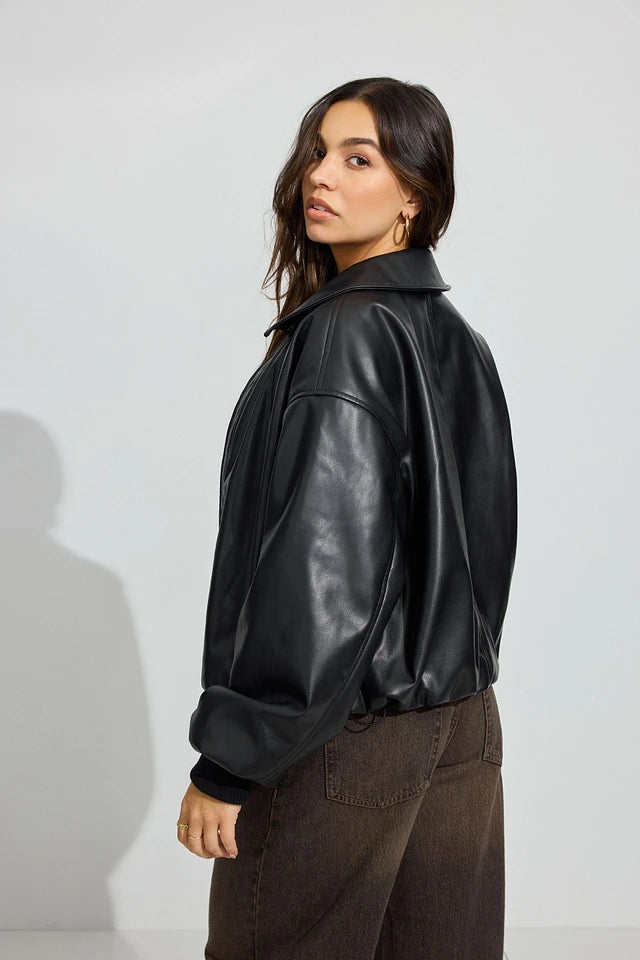 LEATHER PADDED FAUX  BOMBER JACKET-BLACK