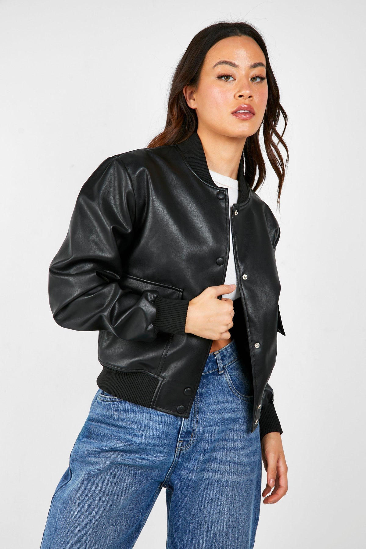 TALL BUTTON DETAIL LEATHER  POCKET BOMBER JACKET-BLACK