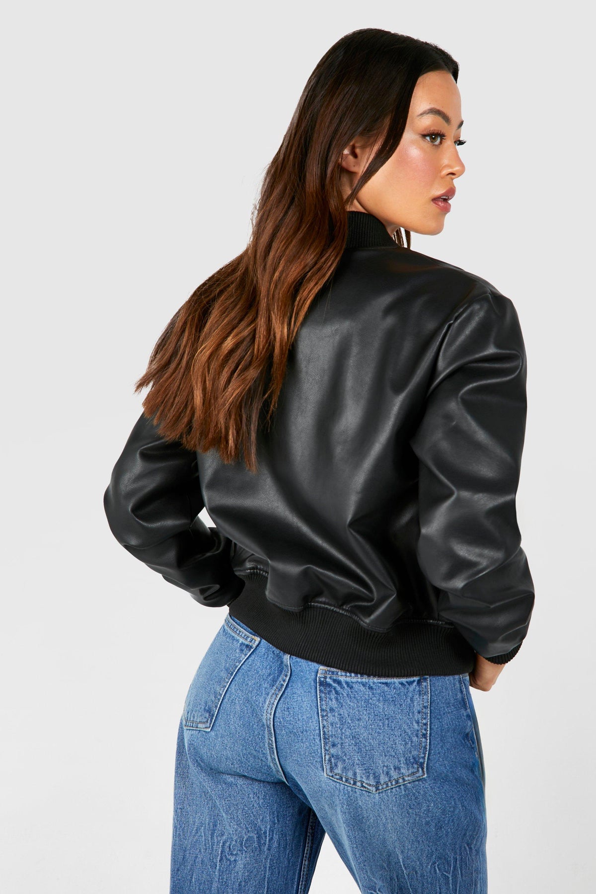 TALL BUTTON DETAIL LEATHER  POCKET BOMBER JACKET-BLACK