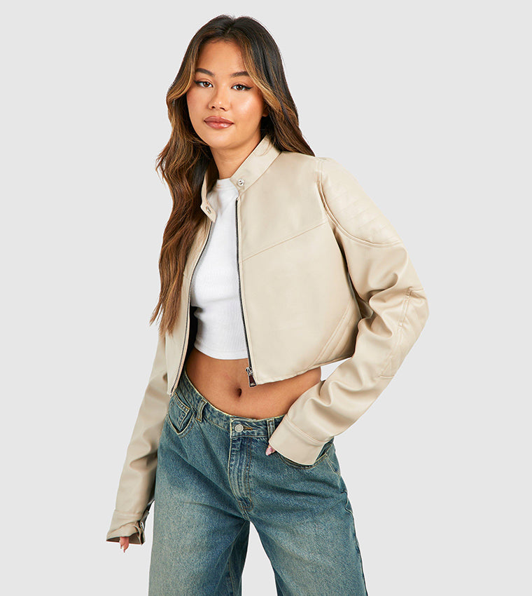 CROPPED MOTO LEATHER BOMBER JACKET-STONE