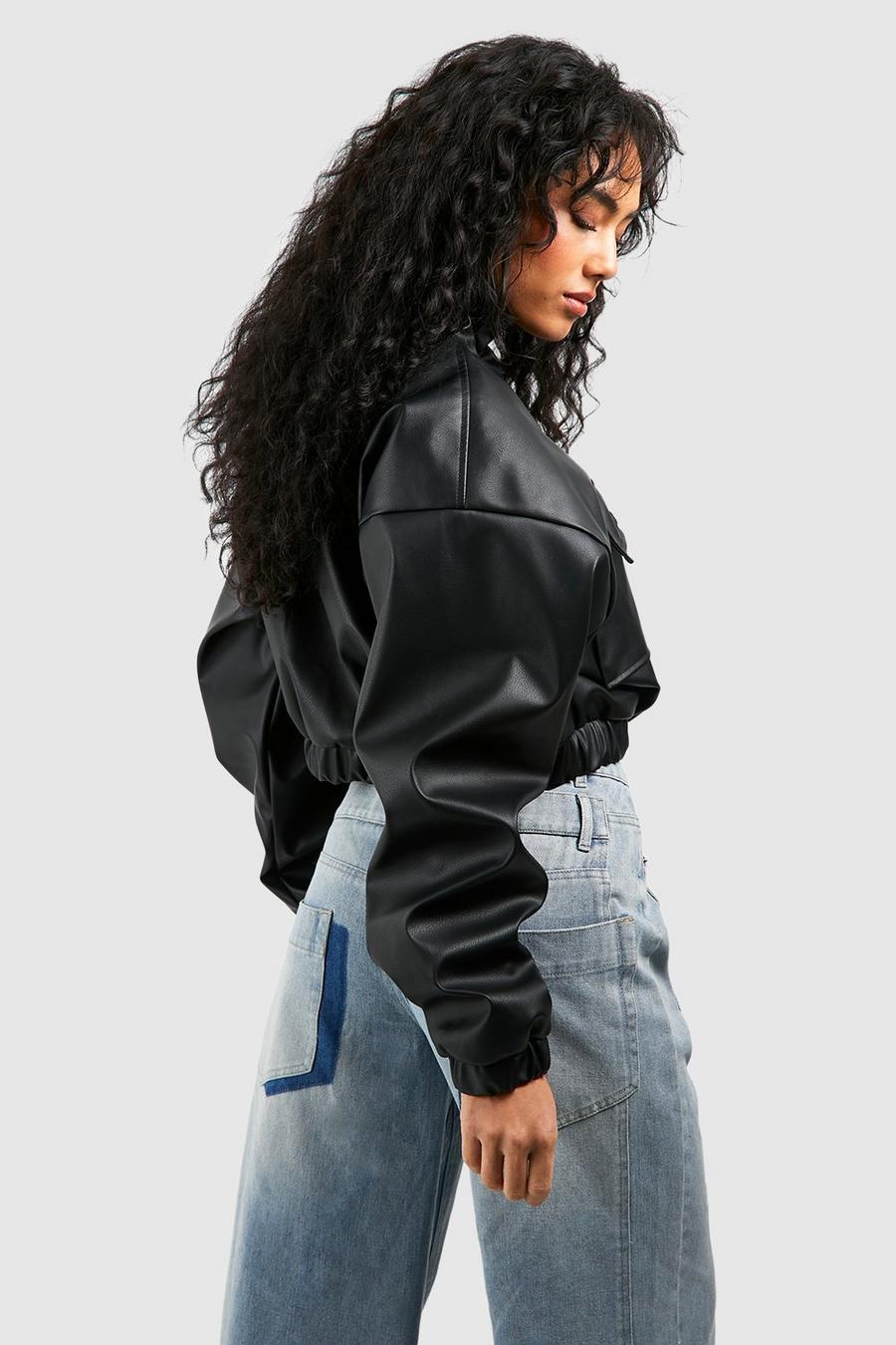 CROPPED FAUX LEATHER BOMBER JACKET-BLACK