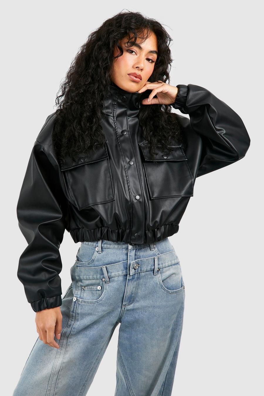 CROPPED FAUX LEATHER BOMBER JACKET-BLACK