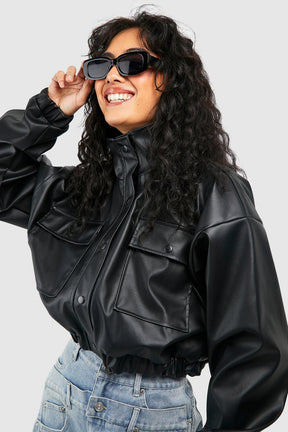 CROPPED FAUX LEATHER BOMBER JACKET-BLACK