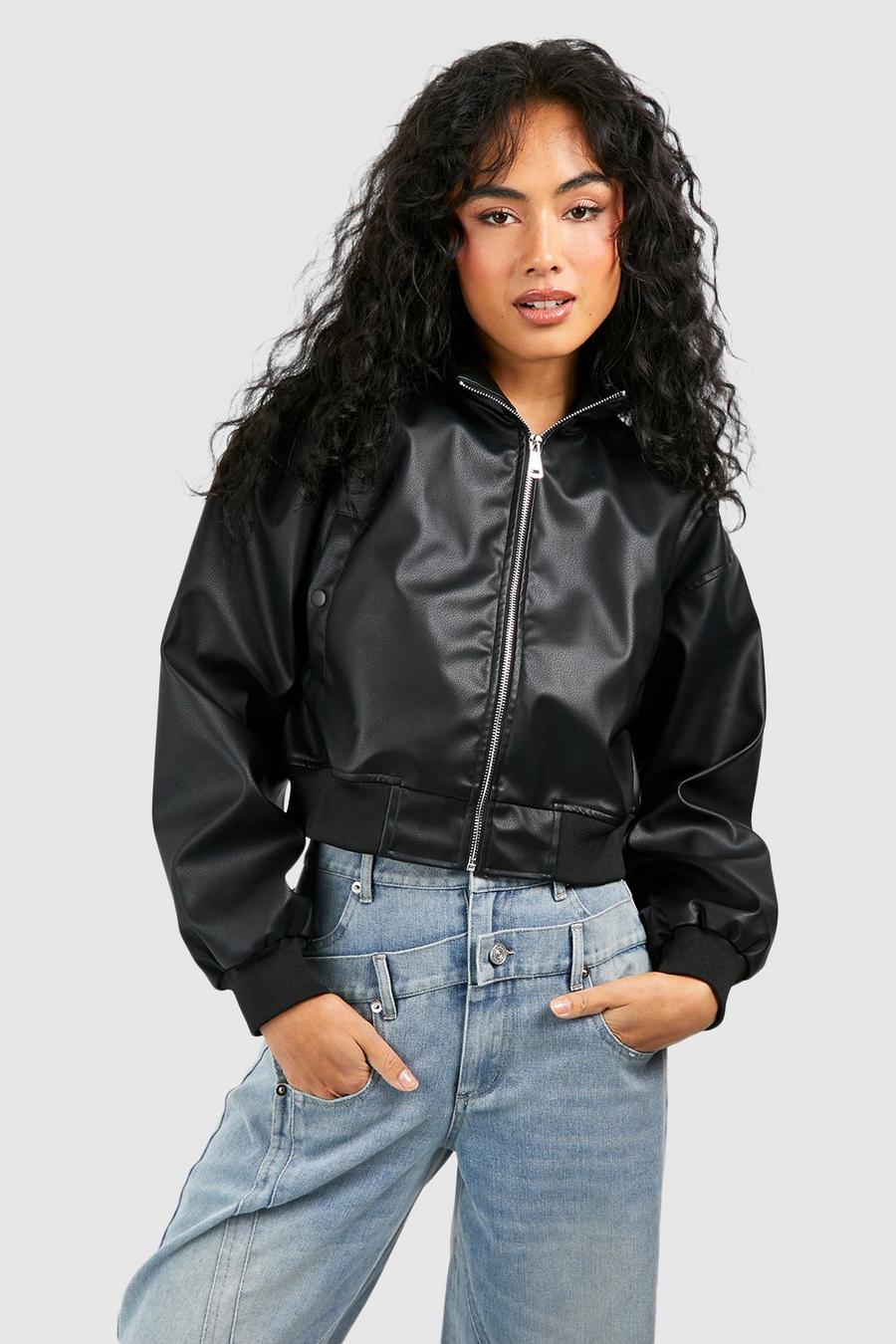 CROPPED FAUX LEATHER ZIP BOMBER JACKET-BLACK