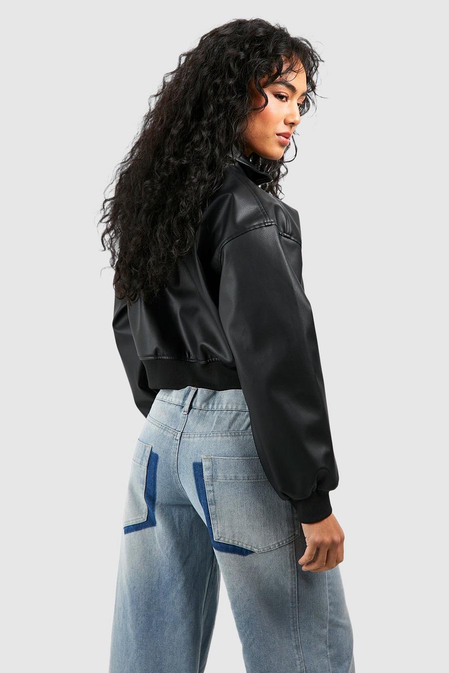 CROPPED FAUX LEATHER ZIP BOMBER JACKET-BLACK