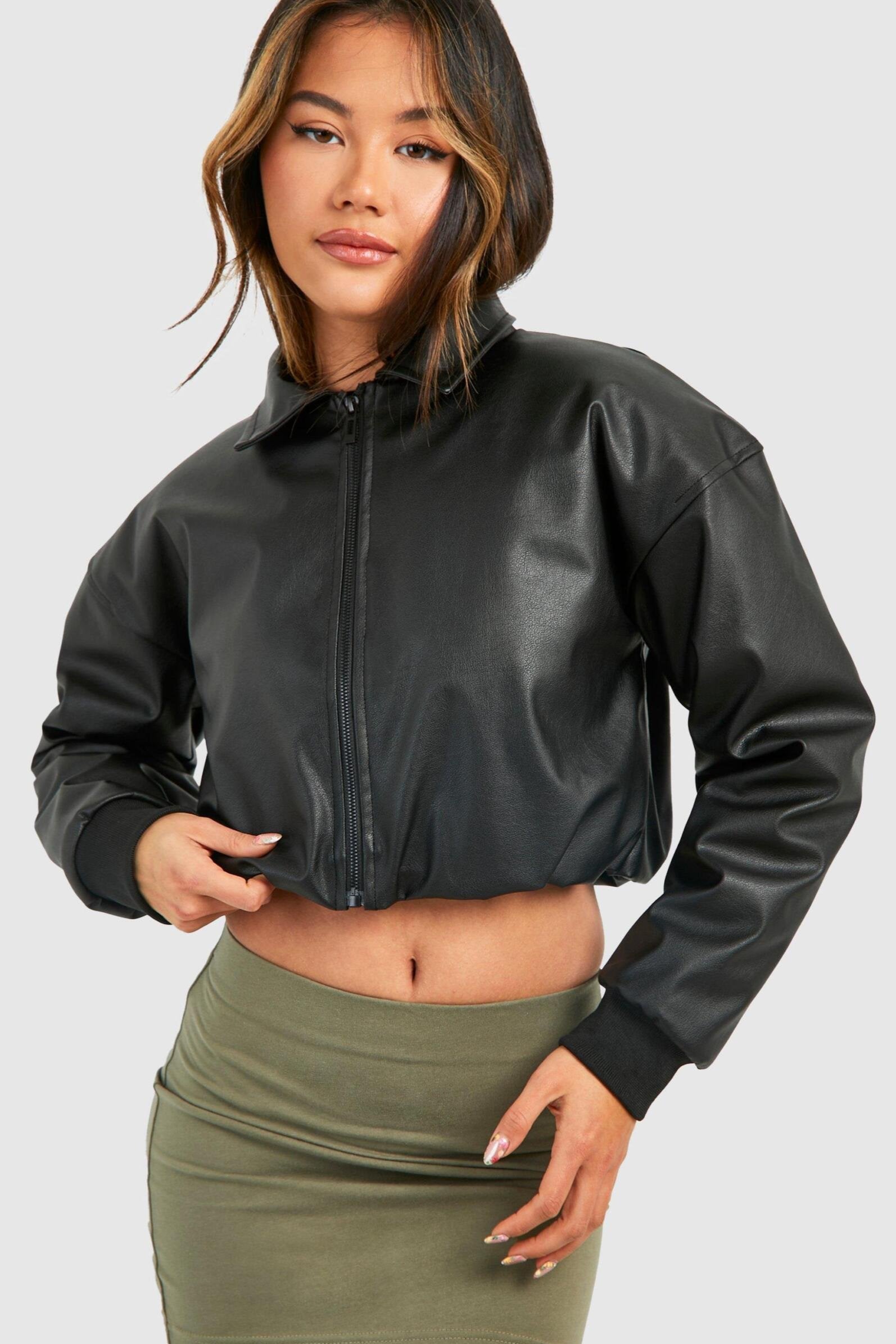 FAUX LEATHER CROPPED COLLAR DETAIL JACKET