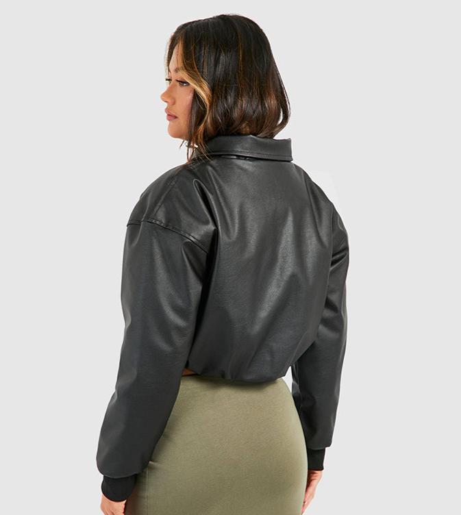 FAUX LEATHER CROPPED COLLAR DETAIL JACKET